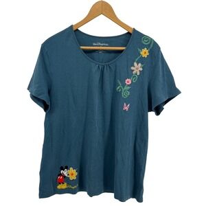 Walt Disney World Mickey Mouse Floral Embroidered T Shirt Women's XL Blue Cotton